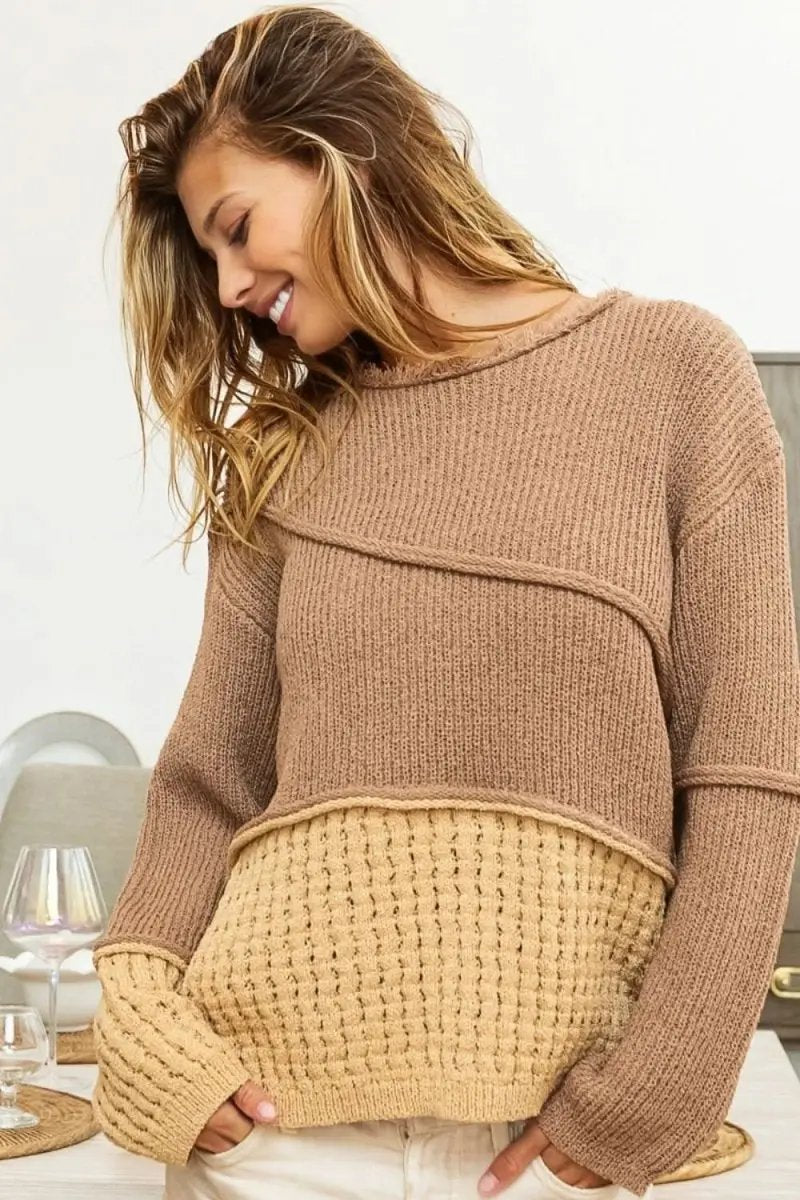 BiBi Texture Detail Contrast Drop Shoulder Sweater - Love Salve